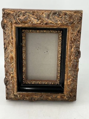 VTG Ornate Gold Gilt Black Picture Frame 3” Deep 8x10 Outer 4x6 Photo Plaster - Image 1 of 4