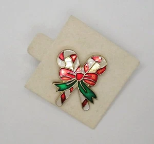 Candy Cane Lapel Pin 1" Festive Bow Red Green Enamel Gold Tone Christmas New - Picture 1 of 5