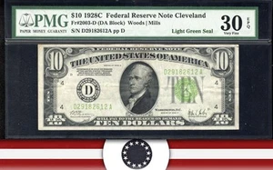 1928-C $10 CLEVELAND LIGHT GREEN SEAL FRN PMG 30 EPQ Fr 2003-D 82612 - Picture 1 of 3