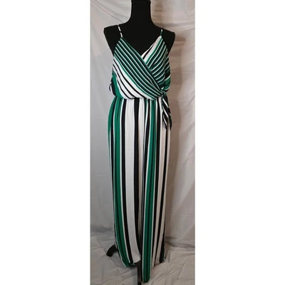 Express Jumpsuit Women's Size M Green White Black Vertical Stripe Tie Waist - Изображение 1 из 4