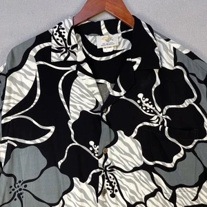 Vintage Ho Aloha Hawaiian Shirt Men’s Large Black White Floral Rayon Vacation - Picture 1 of 7