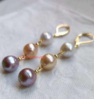 Genuine AAAA 9-10mm natural akoya baroque pearl dangle earrings 14k gold - Image 1 of 4
