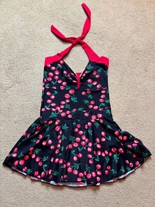 Pinup Black Red Rockabilly One 1-Piece Cherry Cherries Swim Dress Swimsuit Small - Picture 1 of 6