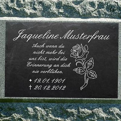 LASERART24 Grabstein Schiefer Stein Grab Tafel mit Rose-001 @ MIT IHREM TEXT @ 40 x 25 cm