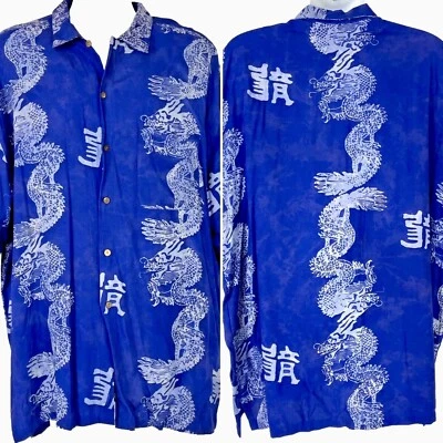 Camisa China Dragón Batik Rayón XXL Azul Botón Talla 2XL Para Hombres 56x34 Bambú Foto 1 de 4