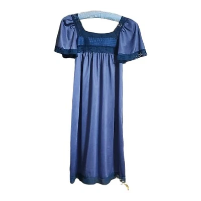 Vtg Gossard Artemis Navy Short Lingerie Nightgown Lace Teal Trim Sz Petite Flaw  - Image 1 of 4