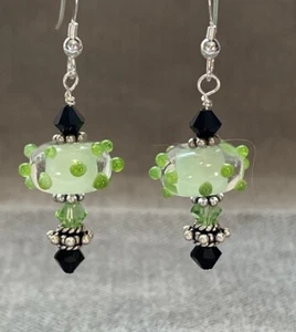 Lamp-work bumpy glass Earrings dangle Swarovski Crystal green teal - Picture 1 of 4