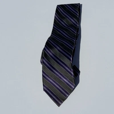 PERRY ELLIS Portfolio Tie Gray and Purple Striped, 100% Silk Necktie  - Image 1 of 4