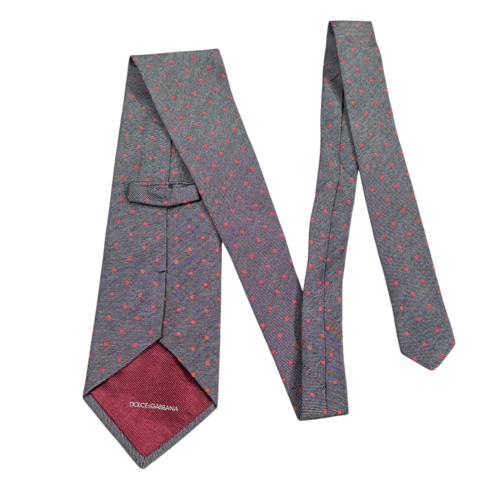 Corbata DOLCE & GABBANA Lunares Seda Mezcla Algodón Gris Rojo Hecha en Italia  Foto 1 de 4