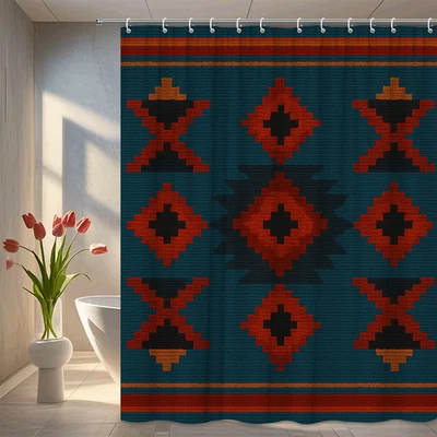 Cortina de ducha colorida con patrón tribal para decoración de baño Foto 1 de 4