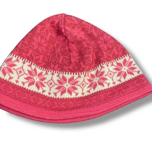 LL Bean Kids Girls Medium Beanie Cap Knit Skull Lined Snowflake Flower Pink - Picture 1 of 11