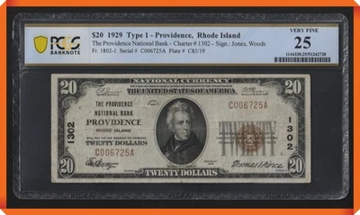 KC- Fr.1802-1 1929 $20 NB Providence , Rhode Island #1302 - VF 25 PCGS Banknote - Image 1 of 3