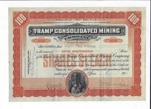 NEVADA 1907 Tramp Consolidated Mining Company Stock Certificate Bullfrog - Picture 1 of 2