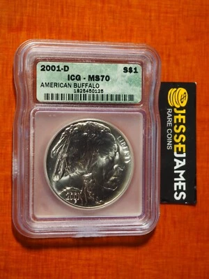 2001 D $1 SILVER BUFFALO COMMEMORATIVE DOLLAR ICG MS70 GREEN LABEL - Image 1 of 2