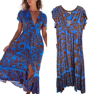 Jaase Size 18 Blue & Brown Desert to Sea Print Tabitha V Neck Maxi Dress - Bild 1 von 24