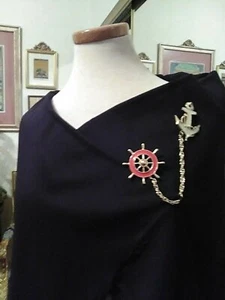 VINTAGE GOLDEN PIN BROOCH CHAIN LINKED 2 PIN SWEATER GUARD RED WHITE NAUTICAL - Picture 1 of 3