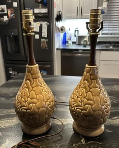 Pair of Mid Century Wood Accent Base Sculpted Matching Table Lamps - Picture 1 of 5