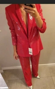 ZARA NEW FW19 SEQUIN BLAZER RED LAPEL COLLAR REF. 7765/051 BLOGGERS MEDIUM M - Picture 1 of 19
