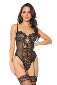 Coquette Scallop Stretch Lace Bustier w/Bow & Thong Black - Picture 1 of 7