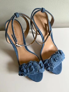 SCHUTZ Aida Blue Denim Flower Applique Vamp Sandal Heels Women's 10 US - Picture 1 of 5