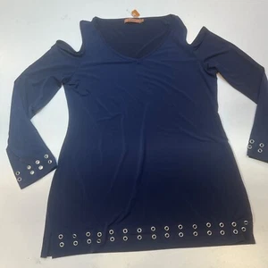 Belldini Women's Blue Grommet-Trim Cold-Shoulder Top Size L Polyester Blend - Picture 1 of 7