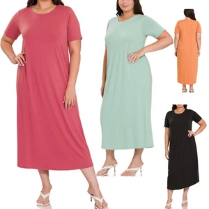Zenana Women Plus Short Sleeve Round Neck Maxi Dress, 1X/2X/3X - Picture 1 of 8