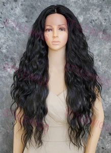Off Black Long Loose Wavy Curls Lace Front Heat OK Human Hair Blend Wig EVEW 1B - Bild 1 von 7