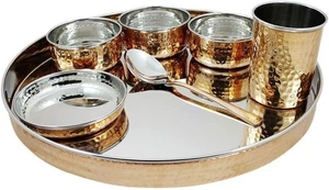 Juego de cena Thali con plato de acero de cobre de 7 piezas para servir cocina hotel hogar vajilla - Imagen 1 de 5