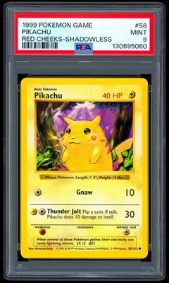 1999 Pokemon RED CHEEKS PIKACHU Base Set SHADOWLESS Card 58/102 Error PSA 9 MINT - Image 1 of 2