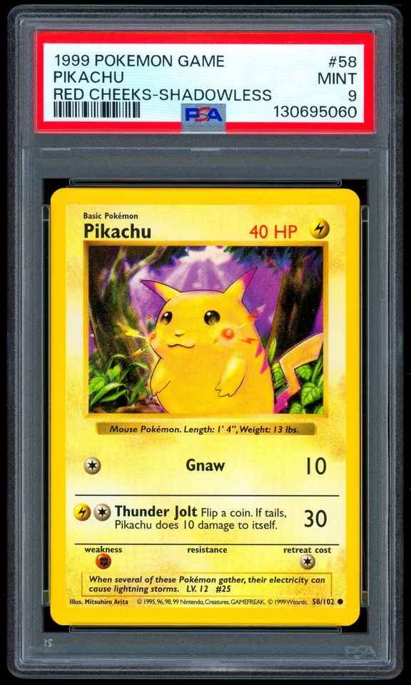 1999 Pokemon RED CHEEKS PIKACHU Base Set SHADOWLESS Card 58/102 Error PSA 9 MINT - Image 1 of 2