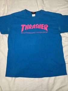 Vintage Y2K Thrasher Magazine Short Sleeve T Shirt Size Large Blue/Pink - Picture 1 of 4