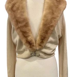 Vintage Cashmere Cardigan Removable Mink Collar Pearl Brooch Ivory Sweater - Picture 1 of 8