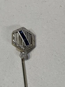 Platinum Diamond Sapphire Stick Pin Art Deco Period Octagon 2.75”L 1.4g Hallmark - Picture 1 of 7