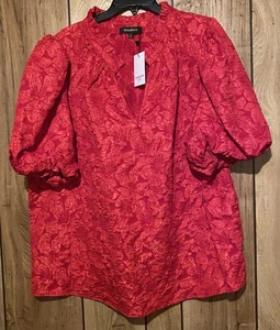 $69 NWT SUGAR LIPS CURVE 3X Red Puff Sleeve Ruffled V-Neck Textured Polyester - Picture 1 of 4