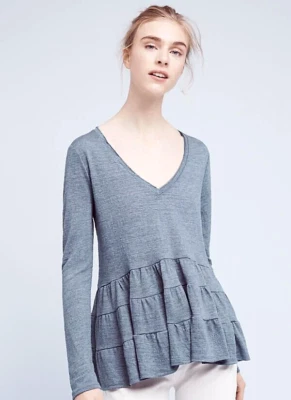 Anthropologie DELETTA Cozy Knit Blue Long Sleeve Tier Hem Swing Top Womens SMALL - Image 1 of 4