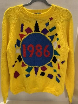 Vintage Colorful 1986 Sweater Women’s Size Large Class Reunion Yellow Acrylic - Image 1 of 4