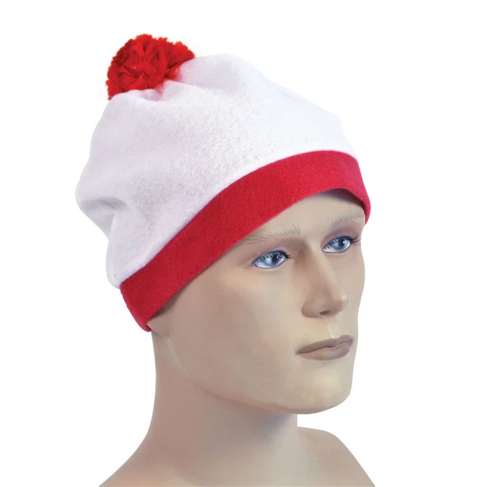 Donna Uomo Cappello Ponpon Bianco & Rosso Pom Accessorio Costume - Immagine 1 di 1
