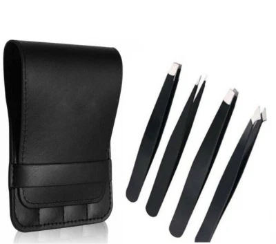 Tweezers Set 4 Piece Professional Stainless Steel Eyebrow Hair Pluckers + Case - Image 1 of 4