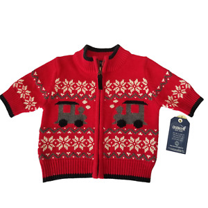 Oshkosh Train Knit Baby Size 0-3 M Red Zip Up Long Sleeve Cardigan Sweater New