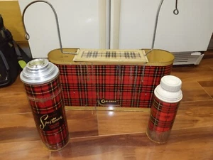 Vintage Skotch Plaid Car-Snac Picnic Cooler Thermos & Bottle Set Snack Seat - Picture 1 of 10