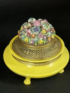Old German Elfinware Gold Filigree & Flower Yellow Dresser Powder Box - Picture 1 of 8