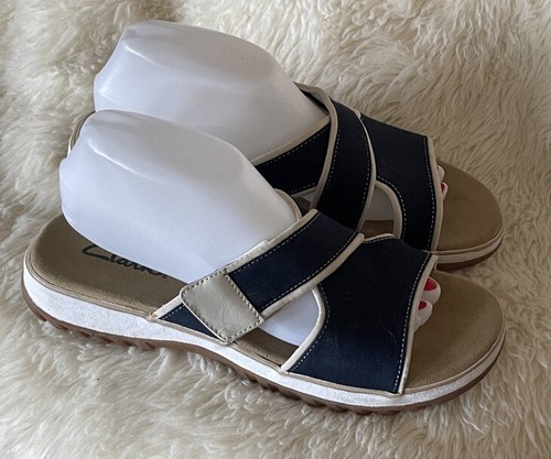 Sandali Clarks Slides Hyannis blu navy tela talpa donna 10 M gancio e passante 33544