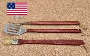 3 Grillwerkzeuge, Edelstahl, mit Griffen aus massivem Holz - Bild 1 von 3