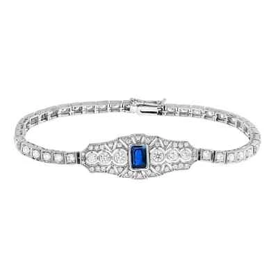 Art Deco Style Lab Created Diamond Blue Sapphire Bracelet 14K White Gold FN - Image 1 of 4