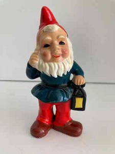 Vintage Gnome Figurine with Lantern Hand Painted Ceramic 1969 Red Green 6.5" - Picture 1 of 15