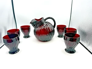 Anchor Hocking Royal Ruby Red Tilt Swirl Ball Glass Ice Pitcher 2 qt With 6 Cups - Picture 1 of 11