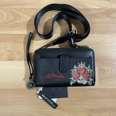 Ed Hardy Crossbody Wallet Wristlet Love Hearts Purse Shoulder Bag w Charm Black - Image 1 of 4