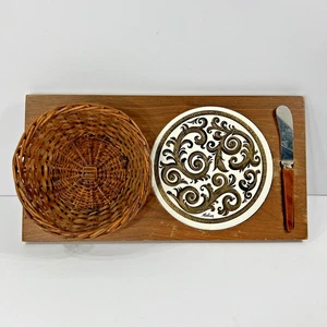 Vintage MCM Holz Melcor Käse Wurstwaren Tablett mit Korb Gold Weiß Schwarz Schnörkel - Bild 1 von 8