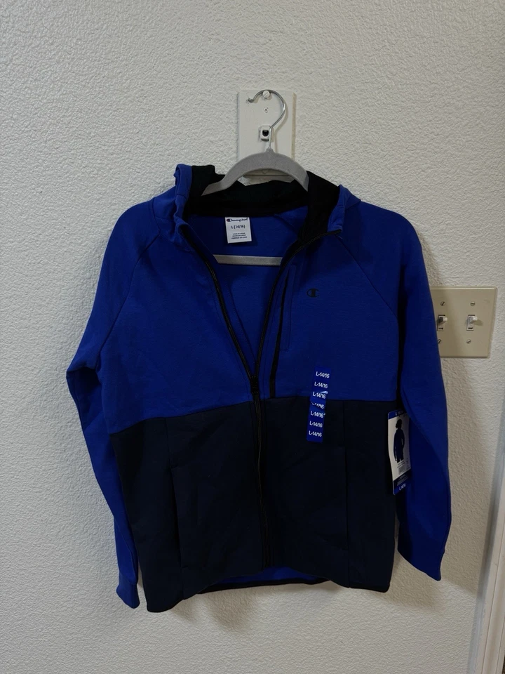 Champion 连帽衫男孩 L 14/16 蓝色全拉链口袋色块 Raglan 标志 — 第 1/4 张图片