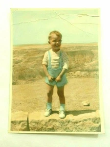 Adorable hand Colored Tinted Young Boy in Blue Jumper 4" x 5.25" circa 1940 - Picture 1 of 6